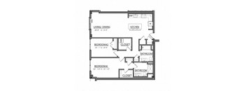 A black and white image of a floor plan for a house with a living room, dining room, kitchen, and three bedrooms.