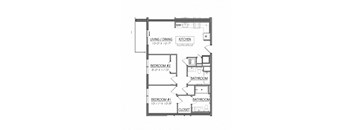 A floor plan of a small apartment with a living room, kitchen, and two bedrooms.