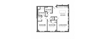 A black and white image of a floor plan for a house with two bedrooms, a living area, a kitchen, and two bathrooms.