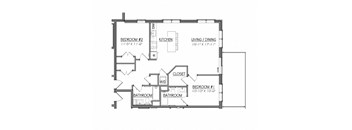 A floor plan of a small apartment with two bedrooms, a kitchen, a living room, and two bathrooms.