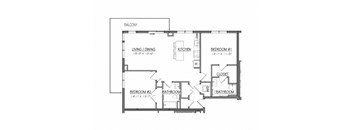 A floor plan of a home with a balcony, living/dining area, kitchen, two bedrooms, two bathrooms, and a closet.