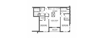 A black and white floor plan of a house with two bedrooms, a living area, a kitchen, a bathroom, a closet, and a balcony.