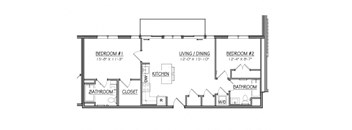 A floor plan of a house with two bedrooms, a living/dining area, a kitchen, and two bathrooms.