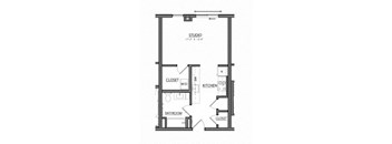 A floor plan of a studio apartment with a kitchen, bathroom and two closets.
