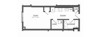 A floor plan of a studio apartment with a kitchen, bathroom and closet.