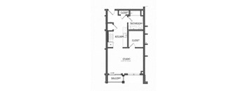 A floor plan of a small apartment with a kitchen, bathroom, and closet.