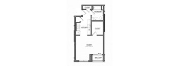 A floor plan of a house with a balcony, kitchen, bathroom, and closet.