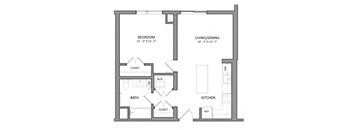 A floor plan of a small apartment with a bedroom, bathroom, living/dining area, kitchen, and two closets.