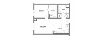 A floor plan of a small apartment with a bedroom, living/dining area, kitchen, and bathroom.