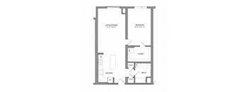 A floor plan of a small apartment with a living/dining area, kitchen, bedroom, bathroom, and closets.