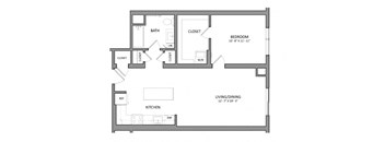 A floor plan of a small apartment with a bedroom, living room, kitchen, and bathroom.