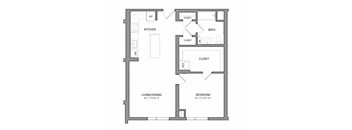 A floor plan of a small apartment with a living/dining area, kitchen, bathroom, and bedroom.