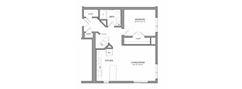 A floor plan of a house with a bedroom, living/dining area, kitchen, and bathroom.