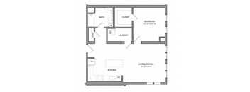 A floor plan of a small apartment with a bedroom, living/dining area, kitchen, and laundry room.