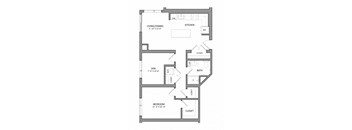A floor plan of a house with a living/dining area, kitchen, bathroom, den, and bedroom.