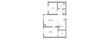 A floor plan of a small apartment with a living area, kitchen, and bedroom.