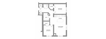 A floor plan of a house with three bedrooms, a bathroom, a kitchen, and a living/dining area.