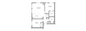 A floor plan of a house with two bedrooms, a living area, a kitchen, and a bathroom.