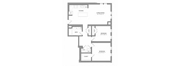 A floor plan of a home with a living/dining area, kitchen, and two bedrooms.