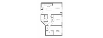 A floor plan of a house with two bedrooms, a living/dining area, a kitchen, a bathroom, and a laundry room.