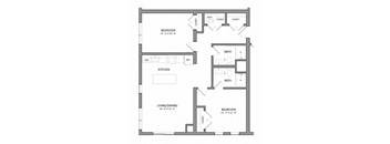A floor plan of a house with two bedrooms, a living/dining area, a kitchen, and two bathrooms.