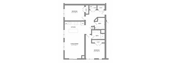 A black and white image of a floor plan for a small apartment.