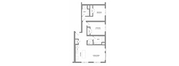 A floor plan of an apartment with two bedrooms, a living/dining area, a kitchen, a bathroom, and a closet.
