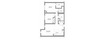 A black and white image of a floor plan for a house with two bedrooms, a living/dining area, a kitchen, and two bathrooms.
