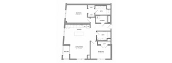 A floor plan of a house with two bedrooms, a living area, a kitchen, a bathroom, and a laundry room.