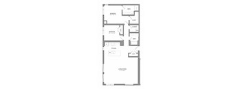 A floor plan of a house with two bedrooms, a living room, a kitchen, a laundry room, and a bathroom.