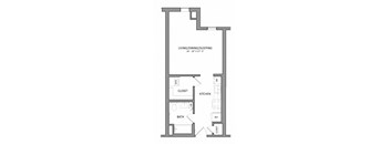 A floor plan of a small apartment with a living/dining/sleeping area, kitchen, bathroom, and closet.