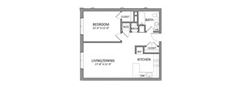 A floor plan of a room with a bedroom, living/dining area, and kitchen.