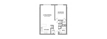 A floor plan of a small apartment with a living/dining area, kitchen, bathroom, and bedroom.