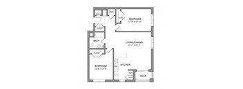A floor plan of a house with a living room, two bedrooms, a bathroom, a kitchen, and a deck.