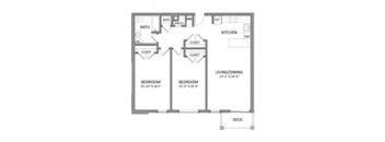 A floor plan of a small apartment with two bedrooms, a kitchen, and a bathroom.
