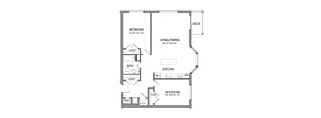 A floor plan of a small apartment with two bedrooms, a living/dining area, a kitchen, and a bathroom.