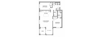 A floor plan of a house with a kitchen, two bedrooms, a bath, a living/dining area, and a deck.