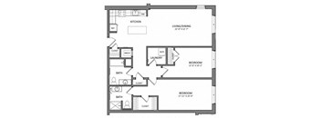 A floor plan of a house with two bedrooms, a living/dining area, a kitchen, a laundry room, and a bathroom.