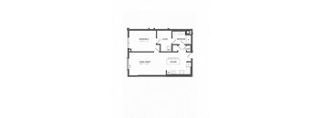 A floor plan of a house with a bedroom, two bathrooms, a kitchen, and a living room.