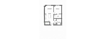 A floor plan of a small apartment with a living room, kitchen, bathroom and bedroom.