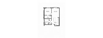 A floor plan of a small apartment with a bedroom, living and dining area, kitchen, and two closets.