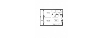 A floor plan of a house with a living room, dining room, kitchen, and two bedrooms.