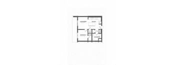 A floor plan of a small apartment with a living room, kitchen, and two bedrooms.