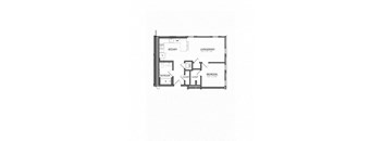 A floor plan of a living and dining room with a kitchen, bathroom and bedroom.