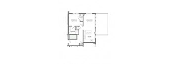 A floor plan of a house with a bedroom, bathroom, kitchen, and living/dining area.