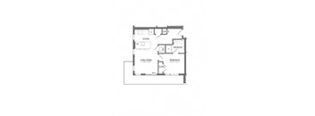 A floor plan of a small apartment with a living room, dining room, kitchen, and two bedrooms.