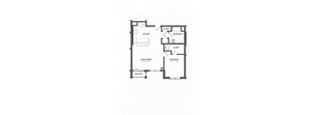 A floor plan of a small apartment with a living room, dining room, kitchen, bedroom, bathroom and balcony.