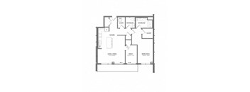 A floor plan of a house with a living room, dining room, kitchen, two bedrooms, and two bathrooms.
