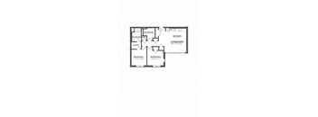A floor plan of a living space with a kitchen, two bedrooms, and a bathroom.