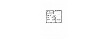 A floor plan of a house with a living area, two bedrooms, a bathroom, and a kitchen.
